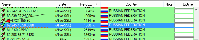 Выберите любую строку или отфильтруйте по стране, а затем сделайте двойной щелчок левой кнопкой мыши по нужному серверу
