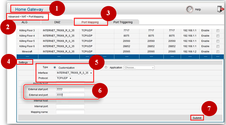 в Windows откройте окно «Home Gateway», перейдите по схеме Advanced — NAT — Port Mapping и в «Настройках» («Settings») отметьте тип порта «Customization». Выберите необходимые интерфейс подключения и протокол. Затем дважды введите данные порта. Нажмите «Submit» 