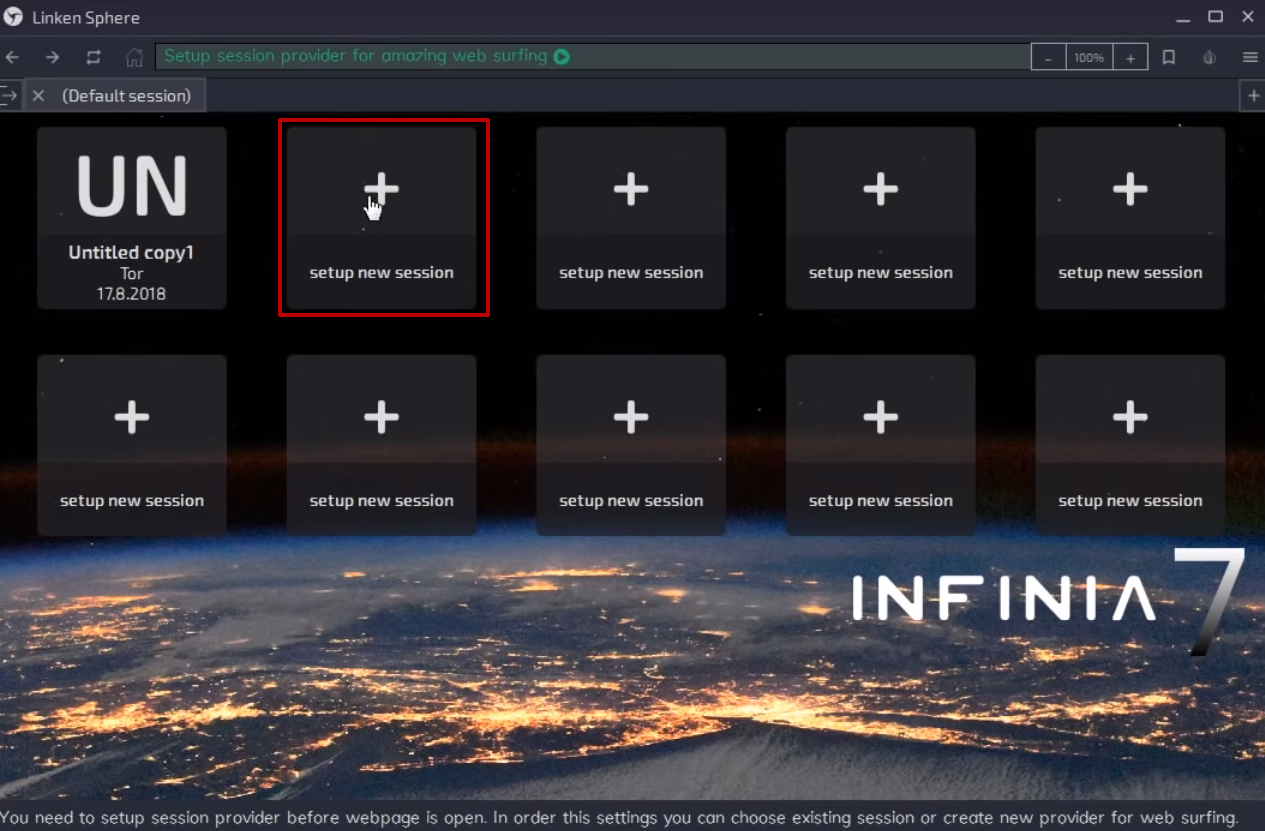 Запустите Linken Sphere и нажмите «Setup new session»