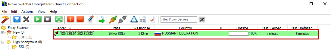 Интерфейс программы Proxy Switcher при правильной настройке прокси