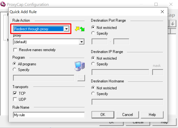 Выберите Redirect throught proxy